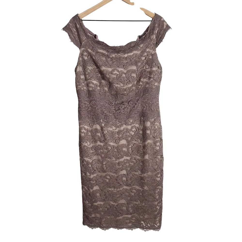 Adrianna Papell‎ Lace Bodice Off Shoulder Sheath Dress Eggshell Sable 16 Wedding